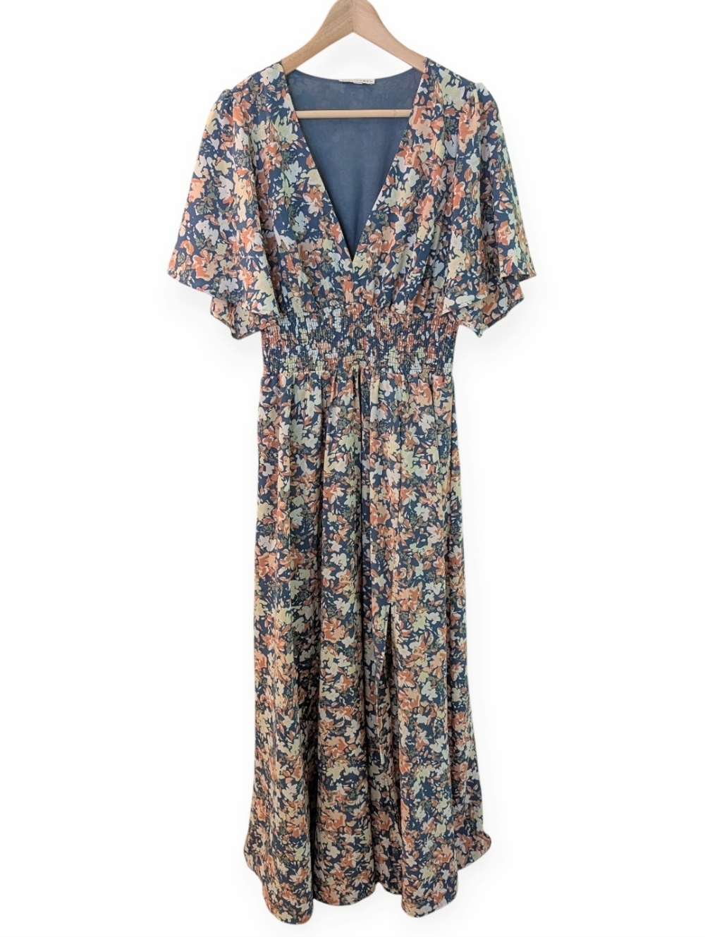 Blatic Born Verona Smocked Floral V-Neck Maxi Dress Blue XL